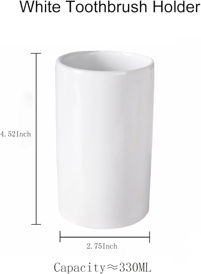 White Ceramic Toothbrush Holder, Tumbler Cups Reusable Toothbrush Mouthwash Cup,Makeup Brush Holder, Bathroom Counter Organizer(300ml)