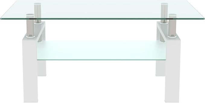 Glass Coffee Table Rectangle White Living Room Center Table, 39inch Transparent Tempered Glass Tabletop and Metal Frame, White + Clear Glass