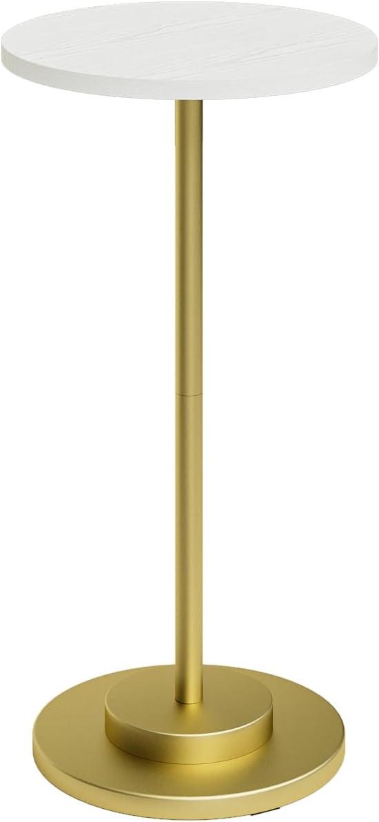 Masupu Drink Table, Round Side Table for Small Spaces, Pedestal Side Table, Small End Table with Metal Base, for Living Room, Bedroom, Bathroom, White Gold