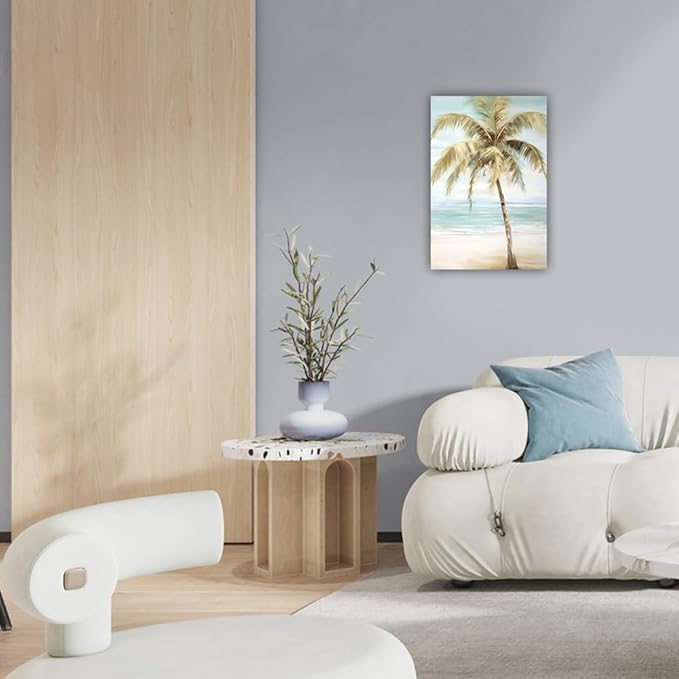 LURENCZH Tropical Beach Canvas Wall Art Seaside Palm Tree Picture Wall Decor Ocean Scenery Painting Prints for Bathroom Decor Framed(Beach-1,20.00" x 30.00")