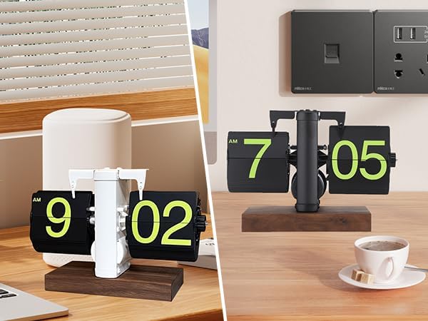 Flip Desk Clock, Retro Vintage Flip Desk Table Clock, Digital Clock Sided Large Numbers Mechanical Flip Clock Wood Base for Living Room, Study Room and Office(Frosted White)