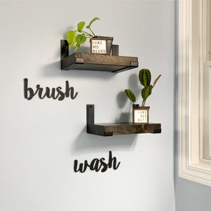 Rustic Shelves with J-Brackets Set of 2, Industrial Shelf, Kitchen Shelves, Solid Wood, Decorative Wall Storage, Heavy Duty, URBANDI (Dark Brown, 12Wx6D)