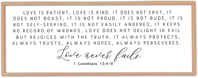 Love is Patient Kind Sign Wall Art 40"X15" 1 Corinthians 13 Bible Verse for Bedroom Above Over Bed Christianity Large Wood Framed Wall Hanging Decor (Wood)