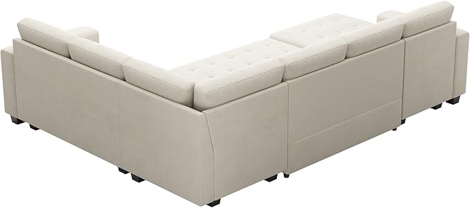 Belffin Modular Sectional Sleeper Sofa with Pull Out Bed U Shaped Sectional Sofa Couch with Storage Ottoman Velvet Covertible 7-Seater Sofa for Living Room Beige