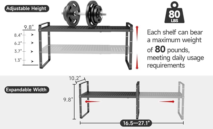 Hole Pattern Expandable Shelf Organizer,2Pack 10.2" Wide Easy to Assemble Cabinet Organizer Shelf, 16.5~27.1" Adjustable Height&Stackable Spice Organization for Cupboard, Black