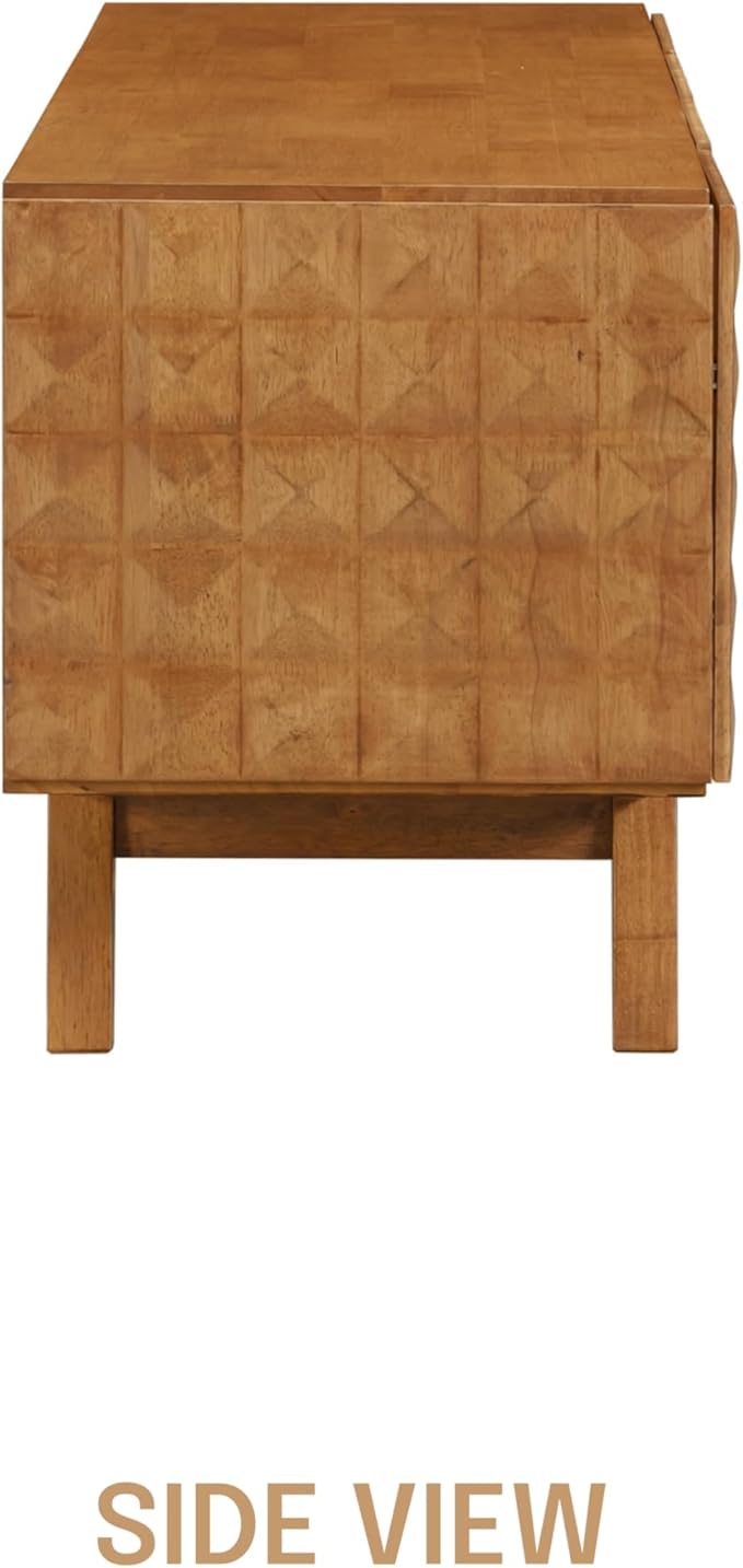 NTC Sapa Mid-Century Modern Solid Wood TV Stand 4-Door Media Console with Carved Geometric Fronts for TVs up to 75", Effortless Assembly, Teak Look