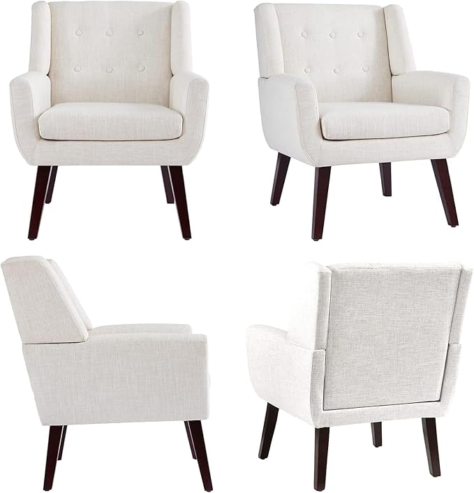 HUIMO Accent Chairs Set of 4, Upholstered Button Tufted Armchair, Linen Fabric Sofa Chairs for Bedroom, Living Room, Mid Century Modern Comfy Reading Chair (4, Beige)