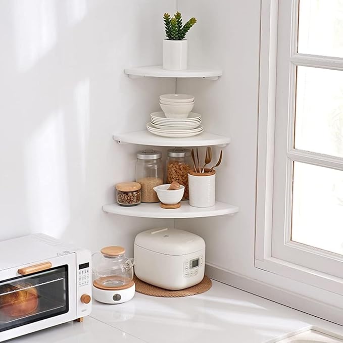 Corner Shelves, Floating Corner Shelf, Set of 2 Solid Oak Wood Wall Shelves, Round End Wall Mount with Wire Hole Shelving for Small Plant for Bedroom Kitchen, Living Room (White, 7.1in 2P)