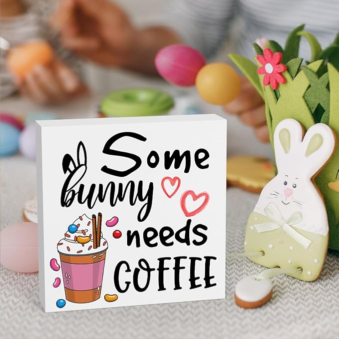 Rustic Farmhouse Easter Country Home Office Coffee Tables Desk Decor Coffee Bar Some Bunny Needs Coffee Sign Cubicle Shelf Tiered Tray Decor Gift Ideas 5 X 5 Inch