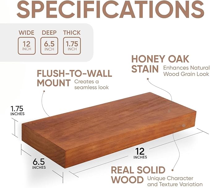 Homeforia 12 inch Oak Floating Shelf, High End Solid Real Wood 12inch Small Floating Shelves for Wall Mounted, Honey Oak Wooden 12in Floating Shelves, Heavy Duty Bracket, 12 X 6.5 X 1.75 in, Set of 3