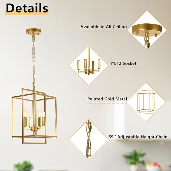 Farmhouse Gold Chandelier, 4-Light Vintage Chandeliers for Dining Room, Adjustable Modern Rustic Metal Hanging Pendant Light Fixture for Entryway Foyer Kitchen Island Hallway