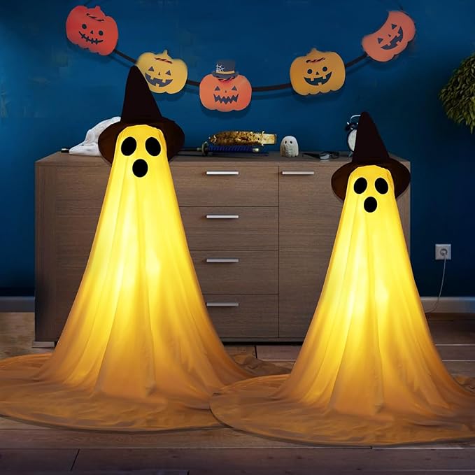 2 Packs Halloween Ghost Outdoor Decorations, 59โ Light Up Ghost Decor with Remote Control, Adjustable Height Standing Halloween Lighted Ghost Kit with Witch Hat Ideal for Porch, Garden, Yard