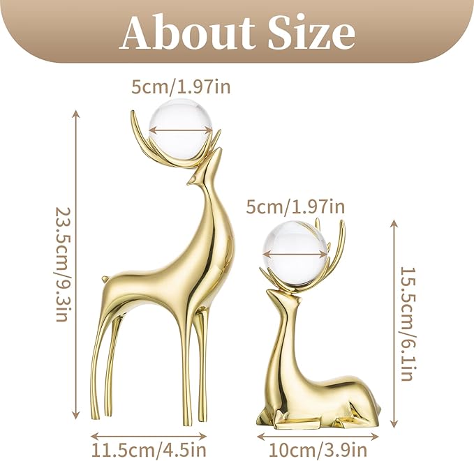 Sziqiqi Brass Reindeer Christmas Statue - Deer Sculpture for Living Room Decor - Gold Metal Reindeer Antler Animal for Tabletop