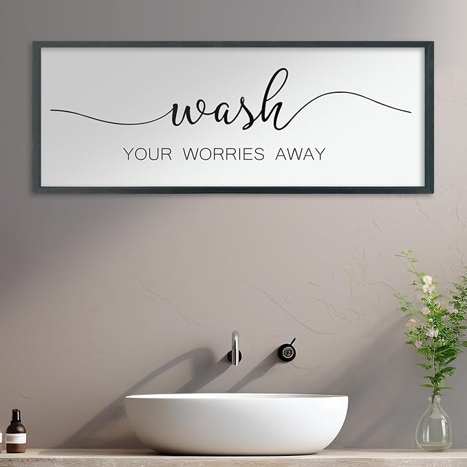LuZhiQiang Wash Your Worries Away Sign Bathroom Wall Art Decor 40"×15" Large Wood Framed Laundry Room Funny And Artwork Wall Hanging (Black)