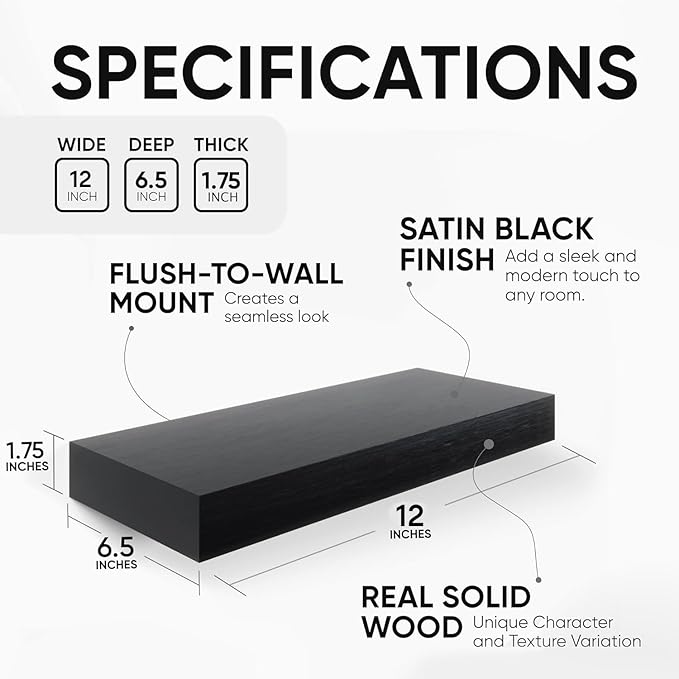 Homeforia Floating Shelf Black 12 inch, High End Solid Real Wood Small 12inch Floating Shelves for Wall Mounted, Black Wooden 12 in Floating Shelves, Heavy Duty Bracket, 12 X 6.5 X 1.75 inch, Set of 4