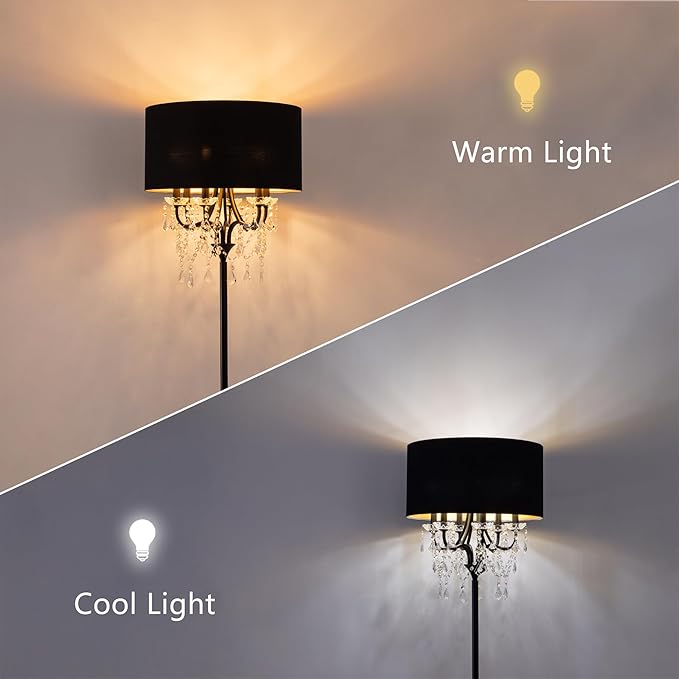 Wellmet Black Crystal Drum Shade Floor Lamp, 6 Light Black Gold Shade, Candle Base, for Living Room, Bedroom, Reading Room, Hallway, Corridor