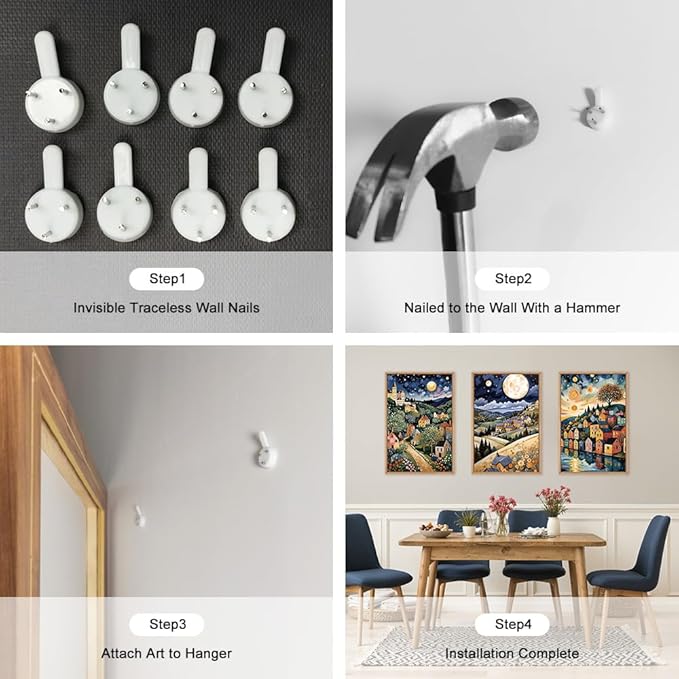 LHIUEM Large Abstract Colorful Framed Canvas Wall Art,Retro Night Village Wall Decor,Natural Moon Stars Wall Painting,Gustav Klimt Scenery Artwork for Living Room,Bedroom,Dining Room,Office -24"x36"x3