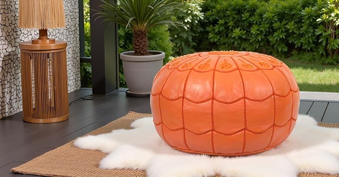 Stuffed Arch Design Moroccan Leather Pouf Ottoman, Handmade, Pre-Filled, 100% Genuine Leather, 14” Height x 22” Diameter – Boho Chic Footstool & Living Room Décor (Orange)