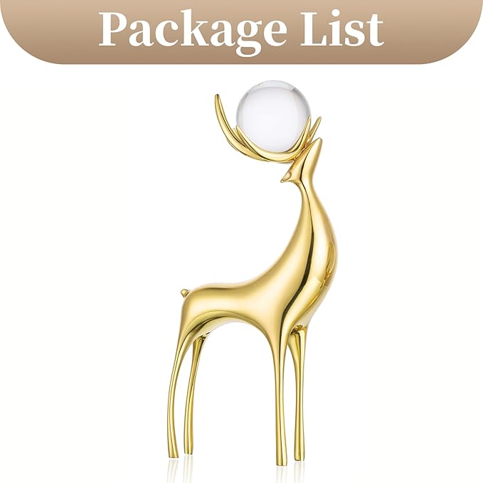 Sziqiqi Brass Reindeer Christmas Statue - Deer Sculpture for Living Room Decor - Gold Metal Reindeer Antler Animal for Tabletop