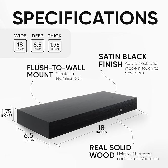 Homeforia Black Floating Shelf 18 inch, High End Solid Real Wood 18inch Bathroom Floating Shelves for Wall Mounted, Black Wooden 18in Floating Shelves, Heavy Duty Bracket, 18 X 6.5 X 1.75 in, Set of 3