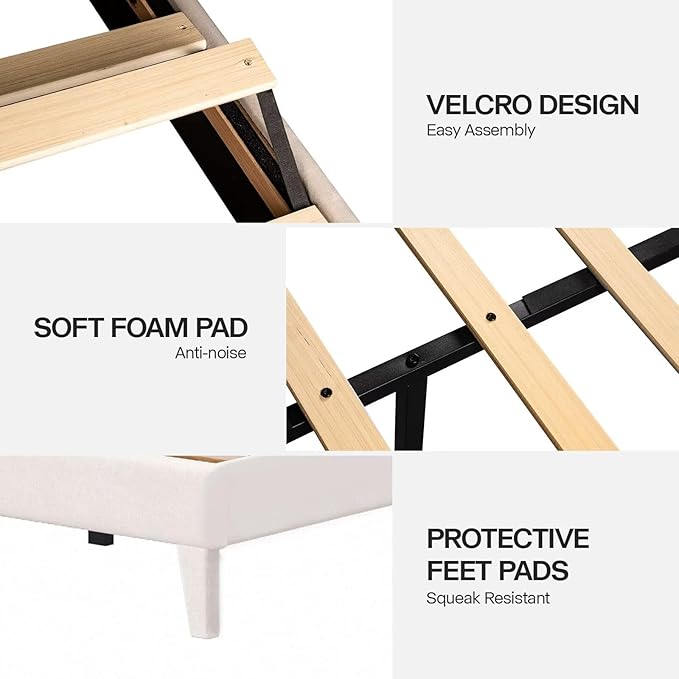 Queen Size Bed Frame with LED Lights, Upholstered Bed Frame with Wingback Diamond Tufted Headboard, Wood Slats Support, Noise-Free, Easy Assembly, No Box Spring Needed, Beige