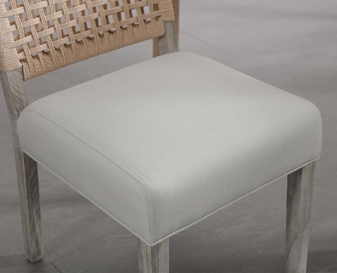 Kmax Farmhouse Dining Chairs Set of 6, Rustic Kitchen Chairs with Linen Fabric Seat and Woven Back, Vintage Accent Chairs for Dining Room, Living Room, Ivory