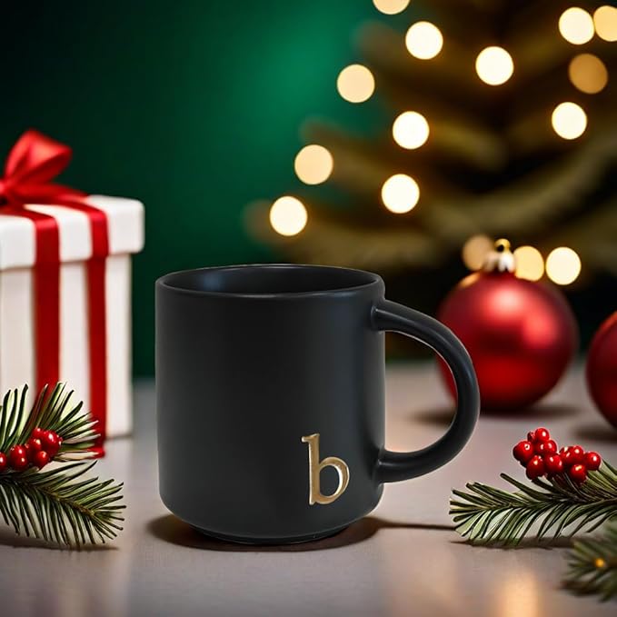 COLLECTIVE HOME - Black Monogram Ceramic Mugs, 15 oz Golden Initial Coffee Cups, Elegant Alphabet Tea Mugs, Personalized Halloween Mug with Gift Box, Perfect for Office and Home Décor (b)