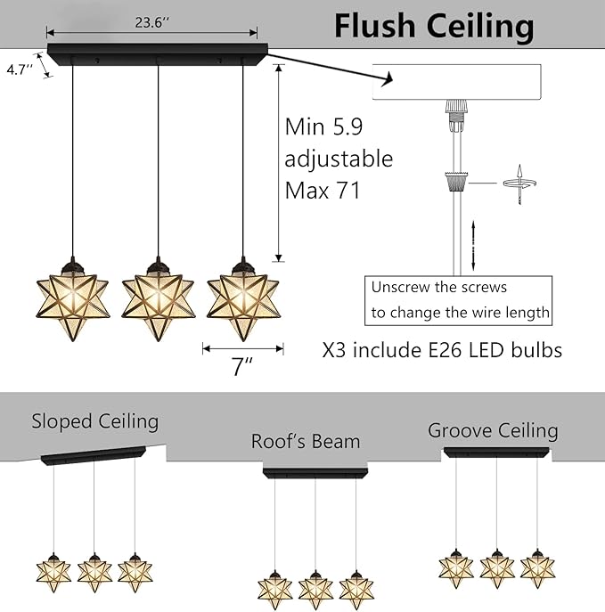Modern Farmhouse Glam Chandelier Dining Room Glass Star Pendants Light Fixture Kitchen Island LED Ceiling Hanging Lights Included Warm Light Bulbs Black