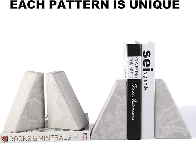 Marble Bookends for Heavy Books, Decorative Book Ends for Shelves, Durable and Heavy-Duty Bookends for Hardback Book & CDS, Off-White Unique Books Stopper & Holder, Set of 2