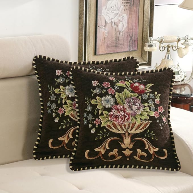 Set of 2 Brown Vintage Embroidered Throw Pillow Covers 18x18in,Floral Embroidered Cushion Cover for Sofa Couch Bed Burgandies Pillow Cover Brown