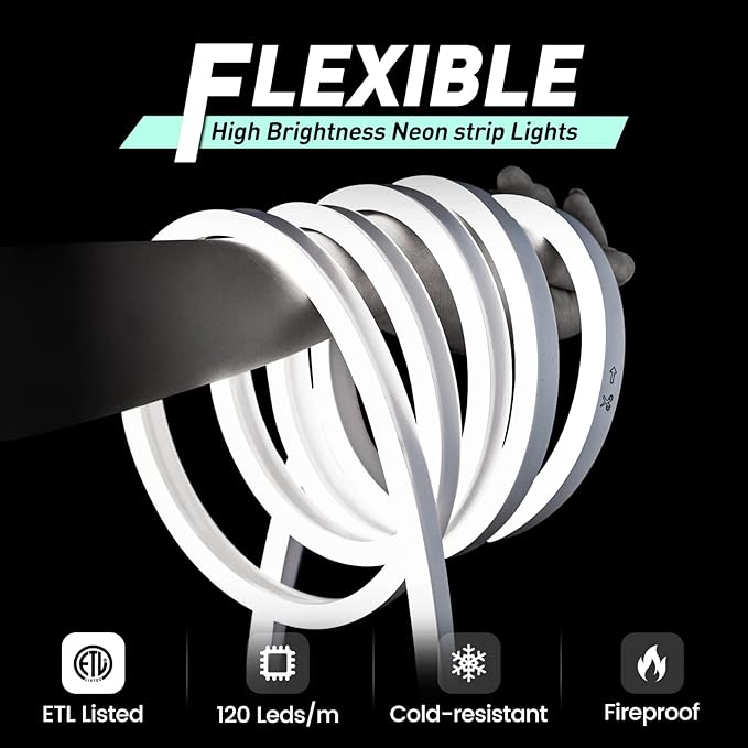 GZBtech Flexible LED Neon Rope Lights 100FT,AC 110-120V Waterproof Strip Light, 120 LEDs/M Cuttable Connectable Neon Lighting for Indoor Outdoor Home Decor/Commercial Building Use-Cold White 30M
