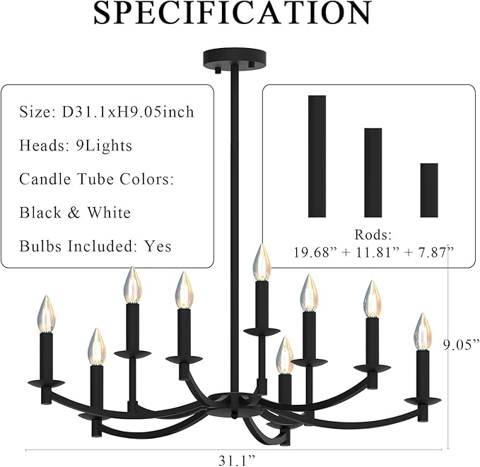 Round Black Chandeliers, Modern Candle Hanging Lights, LED Pendant Lighting Ceiling for Dining Room Bedroom Kitchen Island Farmhouse Living Room (Black-A 9Lights)