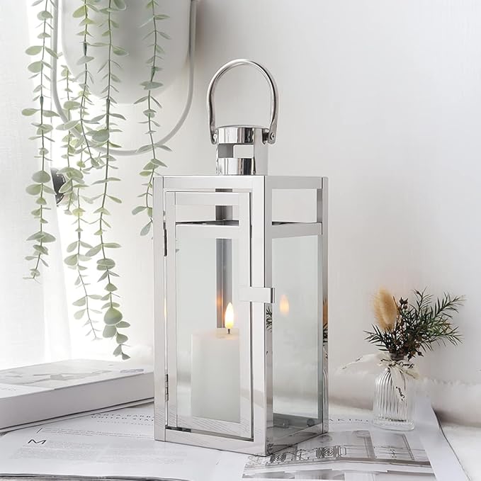 TRIROCKS Set of 2 Stainless Steel Decorative Lantern 12'' High Metal Hanging Lantern with Clear Glass Panels Perfect for Home Decor Living Room Parties Events Tabletop Indoors Outdoors (Silver)