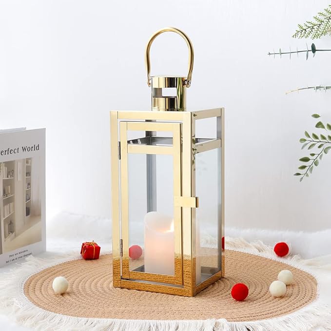 TRIROCKS Stainless Steel Decorative Lantern 12'' High Metal Candle Holder Outdoor Candle Lantern with Tempered Panels for Christmas Home Decor Living Room Parties Events Tabletop Indoor Outdoor (Gold)