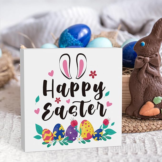 Rustic Farmhouse Bunny Easter Decorations Country Home Office Desk Decor Happy Easter Sign Cubicle Shelf Tabletop Tiered Tray Decor Gifts for Women 5 X 5 Inch