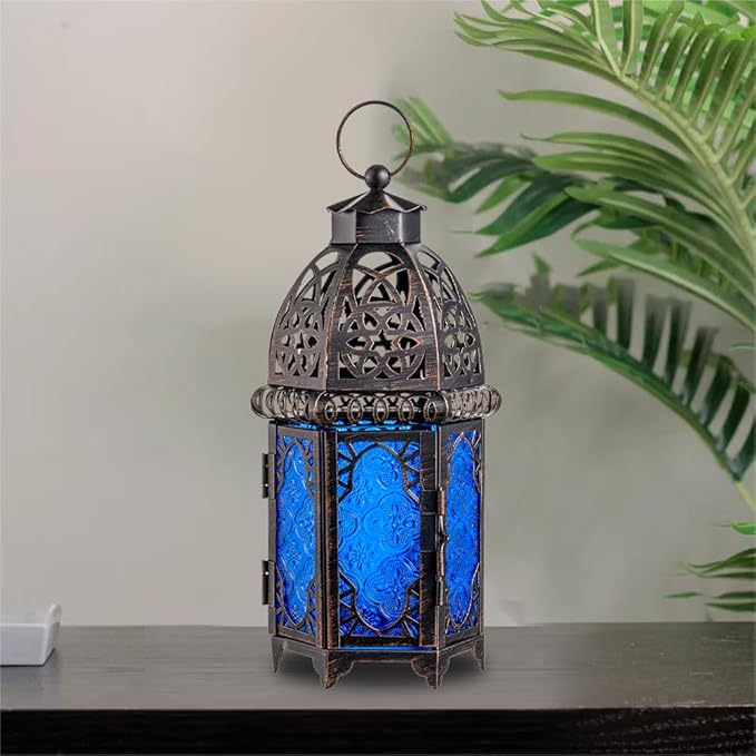 NEEDOMO Hanging Moroccan Lantern, 12.8'' Vintage Candle Holder, Metal Lanterns Decorative Indoor Outdoor, Table, Patio, Porch, Shelf, Gothic Home Decor (Blue, Large Size)