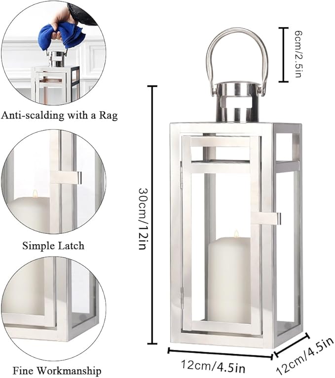 TRIROCKS Set of 2 Stainless Steel Decorative Lantern 12'' High Metal Hanging Lantern with Clear Glass Panels Perfect for Home Decor Living Room Parties Events Tabletop Indoors Outdoors (Silver)