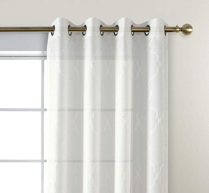 MIUCO Moroccan Embroidery Semi Sheer Curtains Faux Linen Grommet Window Curtains for Bedroom Living Room 63 Inch Length 2 Panels, Pure White