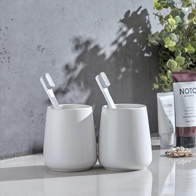 White Toothbrush Holder for Bathroom - 2Pcs Ceramic Tooth Brushing Holders Set, Toothbrush Cup & Toothpaste Organizer for Bathroom Countertop, Makeup Brush Holder, Pen Holder for Home Desktop Storage