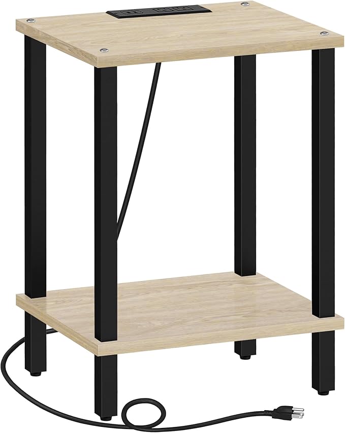 TUTOTAK End Table with Charging Station, Small Side Table with Outlets, Nightstand Bedside Table, 2-Tier Storage Shelf for Small Space, Living Room, Bedroom, Oak TB01BO040