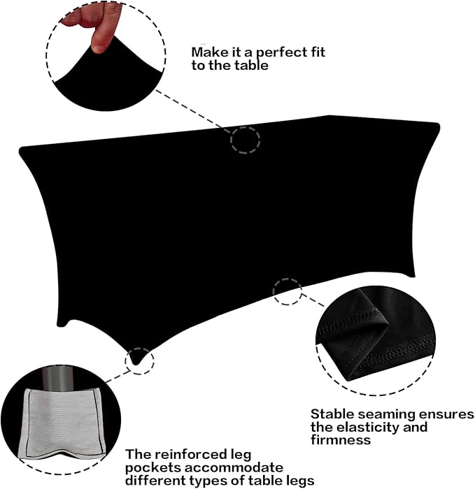 IVAPUPU 6FT Spring Table Cloth for Rectangular Fitted Events Stretch Black Table Covers Washable Cover Spandex Tablecloth Protector for Party, Wedding, Cocktail, Banquet, Festival