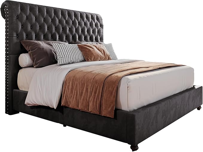 PaPaJet Bed Frame Queen Size Upholstered Platform Bed with 52.8'' Tall Sleigh Headboard, Button Tufted, No Box Spring Needed, Easy Assembly, Dark Grey