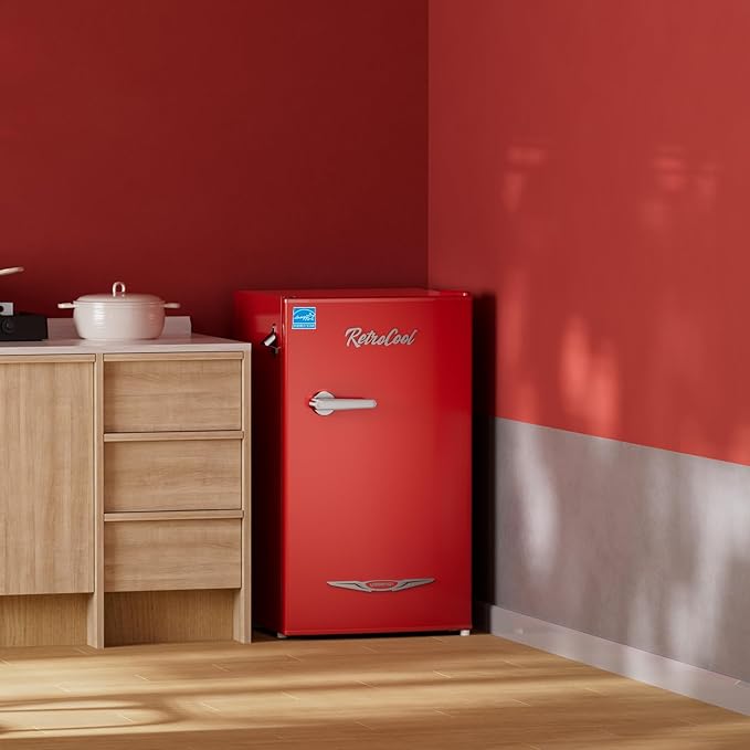 Upstreman 3.2 Cu.Ft Retro Mini Fridge with Bottle Opener, Energy Saving, Adjustable Thermostat, Metal Handle, LED Lamp, Mini Refrigerator for Bedroom, Office, Dorm-BR321 PRO (Red)