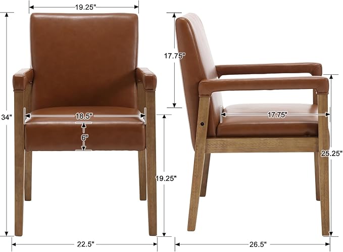 Kmax Modern Dining Chairs Set of 2 Faux Leather Kitchen Arm Chairs Upholstered Accent Chairs with Wooden Legs for Dining Room, Living Room, Bedroom, Brown