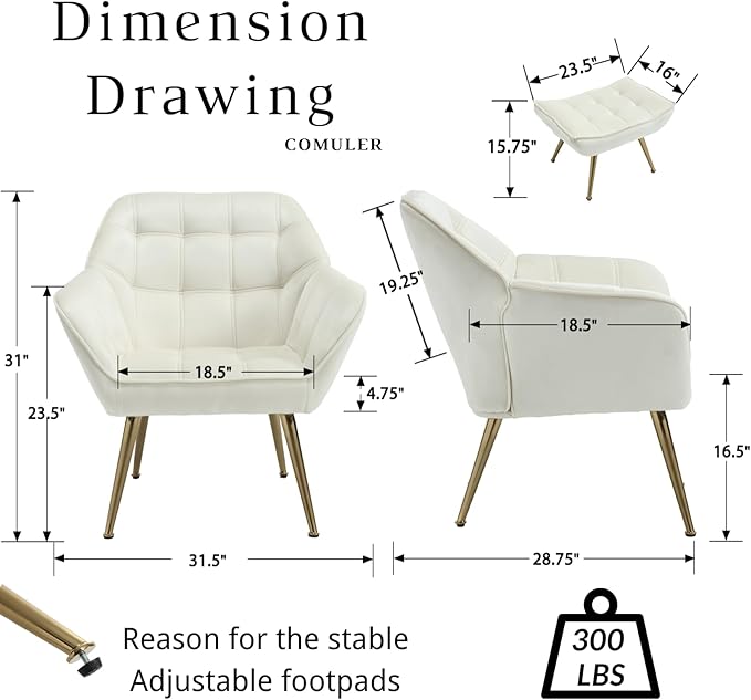 Beige Velvet Accent Chair with Ottoman ,Modern Reading Chair with Ottoman Set, Comfy Fuzzy Armchair Living Room Chair Lounge Chair with Metal Legs for Small Spaces Bedroom Apartment