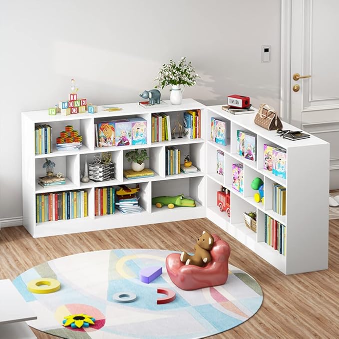 IOTXY Open Shelf Low Bookcase - Wooden 3-Tier Floor Standing Display Cabinet Organizer with Base, 7 Cubes Short Horizontal Bookshelf in Warm White