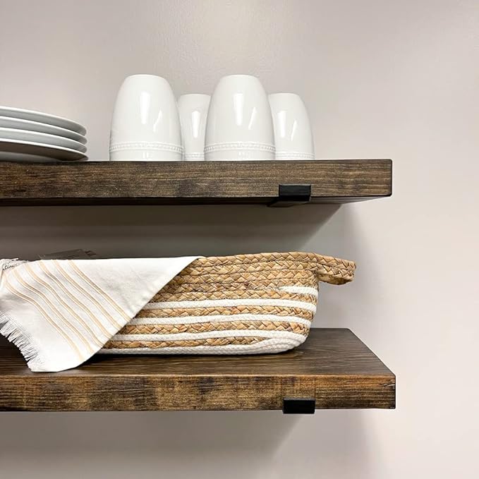 Rustic Shelves with J-Brackets Set of 2, Industrial Shelf, Kitchen Shelves, Solid Wood, Decorative Wall Storage, Heavy Duty, URBANDI (Dark Brown, 12Wx6D)
