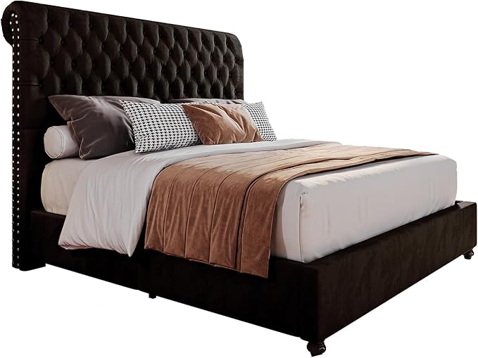 PaPaJet King Bed Frame Upholstered Platform Bed Frame with 52.8'' Tall Sleigh Headboard, Button Tufted, No Box Spring Needed, Easy Assembly, Black