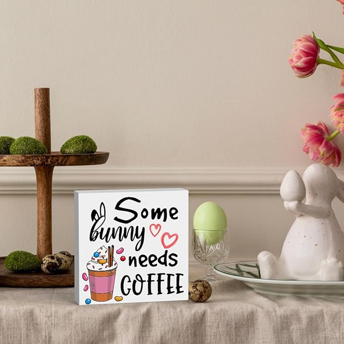 Rustic Farmhouse Easter Country Home Office Coffee Tables Desk Decor Coffee Bar Some Bunny Needs Coffee Sign Cubicle Shelf Tiered Tray Decor Gift Ideas 5 X 5 Inch