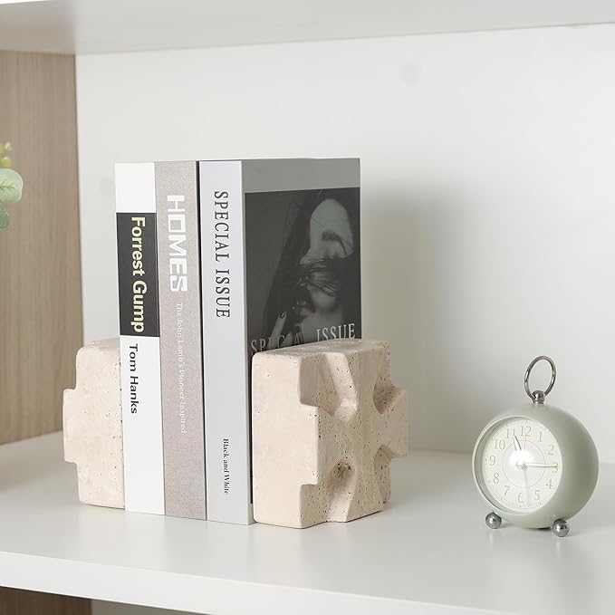 Natural Marble Bookends for Heavy Books, Heavy Duty Square Decorative Stone Book Ends for Shelves, Aesthetic Travertine Book Holder, Modern Office Bookshelf Stopper Decor, Beige, Set of 2